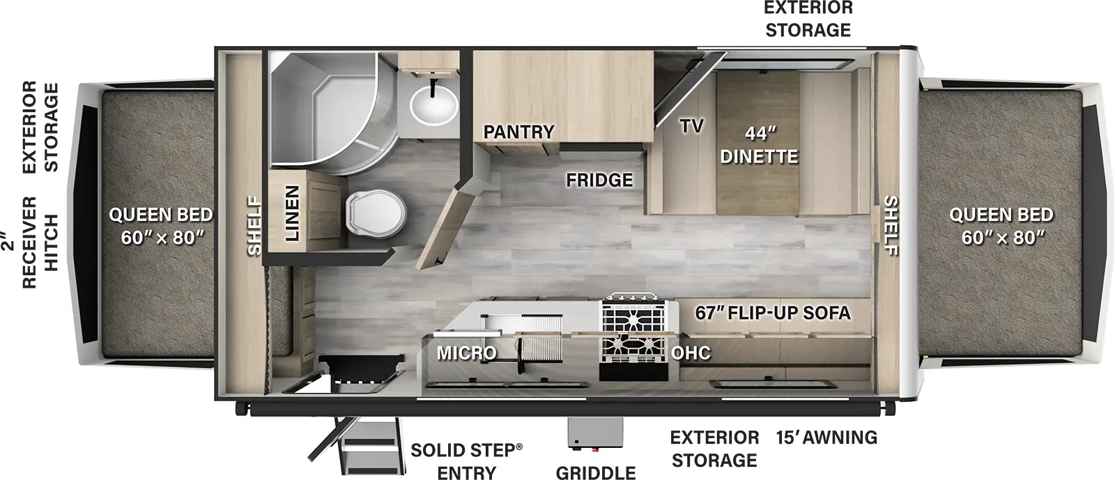 The 19 has no slide outs and one entry door. Exterior features a 15 foot awning, solid step entry, griddle, exterior storage on both sides and rear, and 2 inch receiver hitch. Interior layout front to back: front queen tent bed with shelf above; off-door side dinette, TV, refrigerator, pantry and full bathroom with linen closet; door side flip-up sofa, overhead cabinets, cooktop, microwave, sink and entry; rear queen tent bed with shelf above.